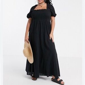 [US18]ASOS Design Black Smocked Ruffled S/S Maxi Dress Babydoll Tie Neck
